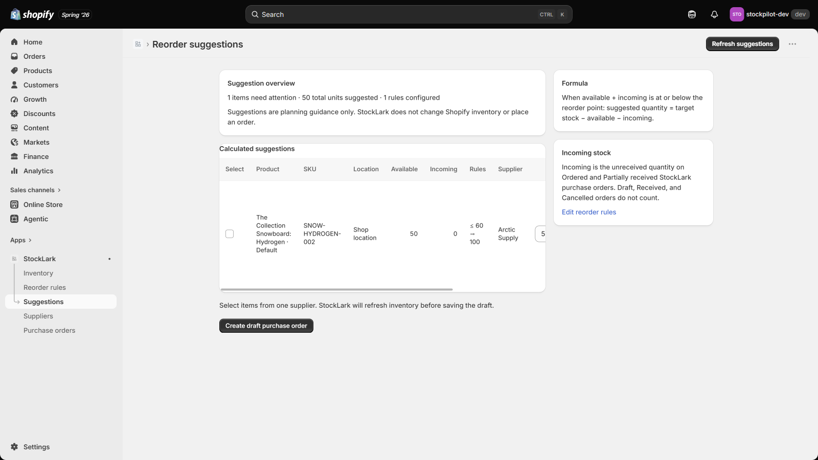 StockLark reorder suggestions showing 50 available units, a reorder point of 60, and a target of 100